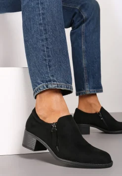 Czarne Półbuty na Słupku z Niską Cholewką Ozdobioną Suwakiem Ansolee