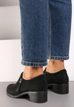 Czarne Półbuty na Słupku z Niską Cholewką Ozdobioną Suwakiem Ansolee