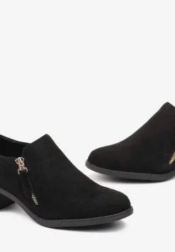 Czarne Półbuty na Słupku z Niską Cholewką Ozdobioną Suwakiem Ansolee