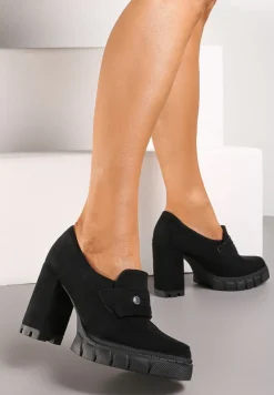 Czarne Półbuty na Słupku z Niską Platformą i Protektorem Kime