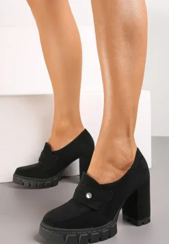 Czarne Półbuty na Słupku z Niską Platformą i Protektorem Kime