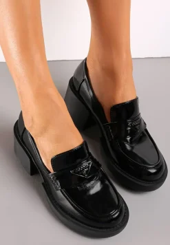 Czarne Półbuty na Słupku z Ozdobną Klamerką i Wkładką ze Skóry Naturalnej Rawarta