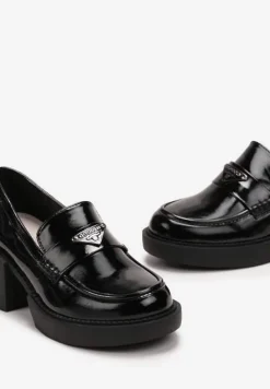 Czarne Półbuty na Słupku z Ozdobną Klamerką i Wkładką ze Skóry Naturalnej Rawarta