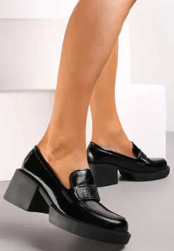 Czarne Półbuty na Słupku z Wkładką ze Skóry Naturalnej i Paskiem w Cyrkonie Ambazza