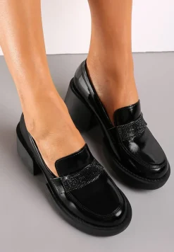 Czarne Półbuty na Słupku z Wkładką ze Skóry Naturalnej i Paskiem w Cyrkonie Ambazza