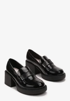 Czarne Półbuty na Słupku z Wkładką ze Skóry Naturalnej i Paskiem w Cyrkonie Ambazza