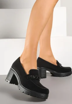 Czarne Półbuty na Słupku ze Skórzaną Wkładką Ozdobione Łańcuchem Tuella