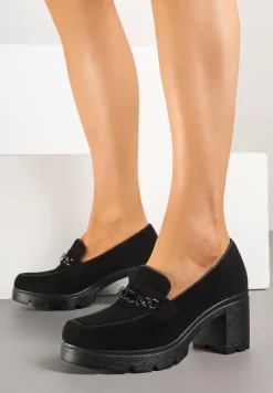 Czarne Półbuty na Słupku ze Skórzaną Wkładką Ozdobione Łańcuchem Tuella