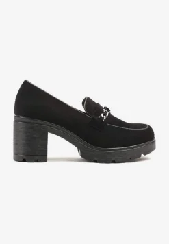 Czarne Półbuty na Słupku ze Skórzaną Wkładką Ozdobione Łańcuchem Tuella