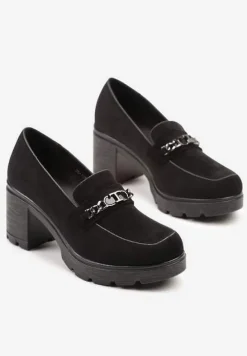 Czarne Półbuty na Słupku ze Skórzaną Wkładką Ozdobione Łańcuchem Tuella