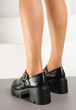 Czarne Półbuty na Tłoczonym Obcasie z Paskami i Sprzączkami Ozdobionymi Cyrkoniami Inalinne