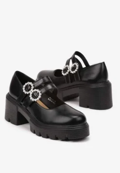 Czarne Półbuty na Tłoczonym Obcasie z Paskami i Sprzączkami Ozdobionymi Cyrkoniami Inalinne
