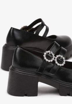 Czarne Półbuty na Tłoczonym Obcasie z Paskami i Sprzączkami Ozdobionymi Cyrkoniami Inalinne