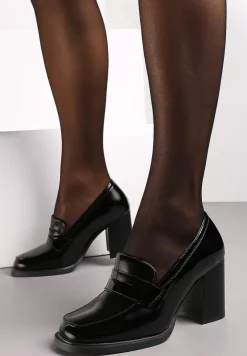 Czarne Półbuty na Wysokim Słupku z Okrągłym Noskiem i Przeszyciami Adenor