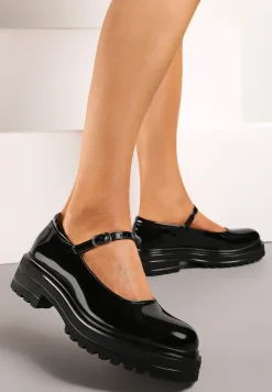 Czarne Półbuty o Lakierowanym Połysku na Platformie ze Sprzączką Ledianma
