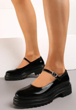 Czarne Półbuty o Lakierowanym Połysku na Platformie ze Sprzączką Ledianma