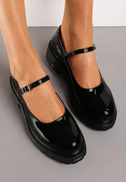 Czarne Półbuty o Lakierowanym Połysku na Platformie ze Sprzączką Ledianma