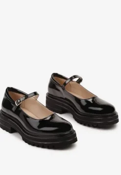 Czarne Półbuty o Lakierowanym Połysku na Platformie ze Sprzączką Ledianma