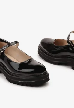 Czarne Półbuty o Lakierowanym Połysku na Platformie ze Sprzączką Ledianma