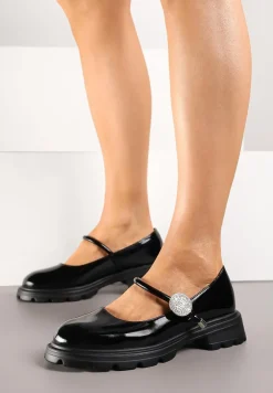 Czarne Półbuty Ozdobione Aplikacją z Cyrkonii ze Skórzaną Wkładką Alianora