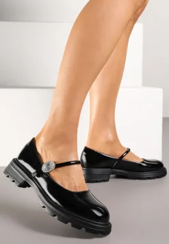 Czarne Półbuty Ozdobione Aplikacją z Cyrkonii ze Skórzaną Wkładką Alianora