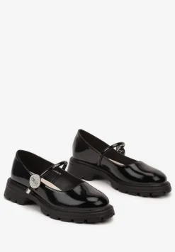 Czarne Półbuty Ozdobione Aplikacją z Cyrkonii ze Skórzaną Wkładką Alianora