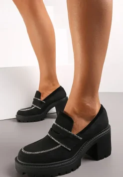 Czarne Półbuty przed Kostkę na Słupkowym Obcasie z Cyrkoniami Sarratoni