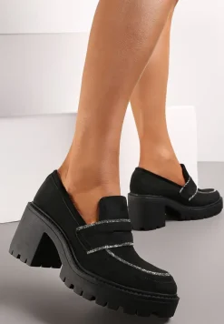 Czarne Półbuty przed Kostkę na Słupkowym Obcasie z Cyrkoniami Sarratoni