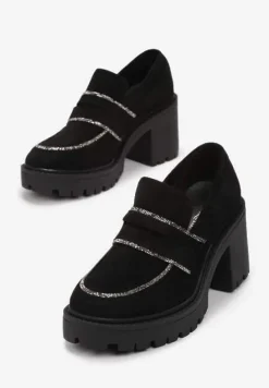 Czarne Półbuty przed Kostkę na Słupkowym Obcasie z Cyrkoniami Sarratoni