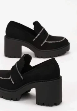 Czarne Półbuty przed Kostkę na Słupkowym Obcasie z Cyrkoniami Sarratoni