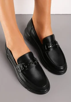 Czarne Półbuty w Stylu Klasycznych Mokasynów z Klamerką i Skórzaną Wkładką Zinniame