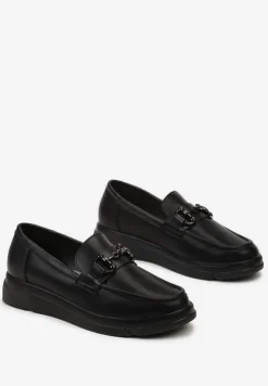Czarne Półbuty w Stylu Klasycznych Mokasynów z Klamerką i Skórzaną Wkładką Zinniame