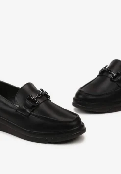 Czarne Półbuty w Stylu Klasycznych Mokasynów z Klamerką i Skórzaną Wkładką Zinniame
