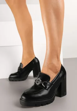 Czarne Półbuty w Stylu Loafersów na Słupkowym Obcasie Felindria
