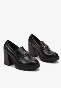 Czarne Półbuty w Stylu Loafersów na Słupkowym Obcasie Felindria