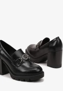 Czarne Półbuty w Stylu Loafersów na Słupkowym Obcasie Felindria