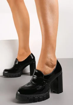 Czarne Półbuty w Stylu Loafersów na Słupku z Platformą i Skórzaną Wkładką Xailla