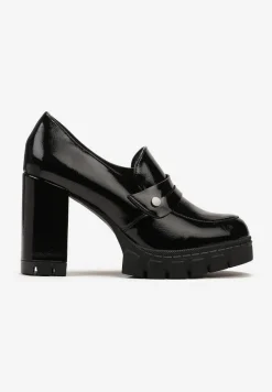 Czarne Półbuty w Stylu Loafersów na Słupku z Platformą i Skórzaną Wkładką Xailla