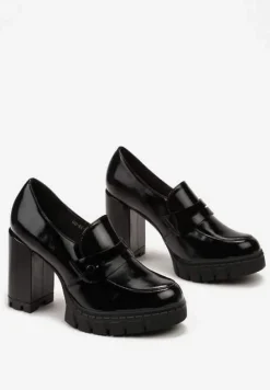 Czarne Półbuty w Stylu Loafersów na Słupku z Platformą i Skórzaną Wkładką Xailla