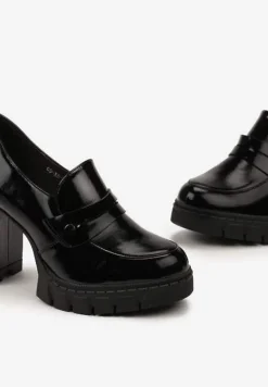 Czarne Półbuty w Stylu Loafersów na Słupku z Platformą i Skórzaną Wkładką Xailla