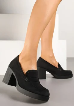 Czarne Półbuty w Stylu Loafersów na Słupkowym Obcasie Separra
