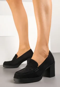 Czarne Półbuty w Stylu Loafersów na Słupkowym Obcasie Separra