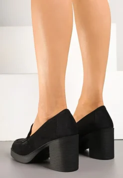 Czarne Półbuty w Stylu Loafersów na Słupkowym Obcasie Separra