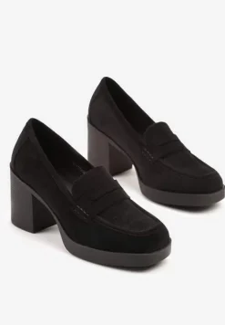 Czarne Półbuty w Stylu Loafersów na Słupkowym Obcasie Separra