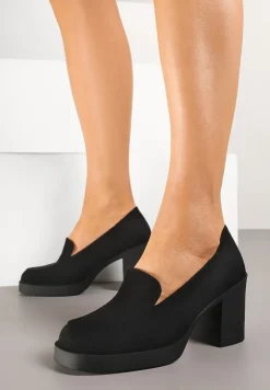 Czarne Półbuty w Stylu Loafersów na Słupku ze Skórzaną Wkładką Taltewi
