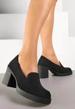 Czarne Półbuty w Stylu Loafersów na Słupku ze Skórzaną Wkładką Taltewi