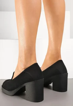 Czarne Półbuty w Stylu Loafersów na Słupku ze Skórzaną Wkładką Taltewi