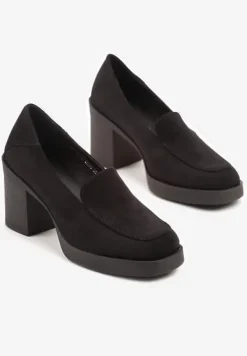 Czarne Półbuty w Stylu Loafersów na Słupku ze Skórzaną Wkładką Taltewi