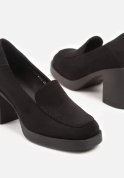 Czarne Półbuty w Stylu Loafersów na Słupku ze Skórzaną Wkładką Taltewi