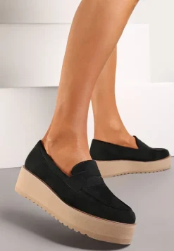 Czarne Półbuty w Stylu Mokasynów z Imitacji Zamszu na Platformie Vhisper